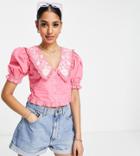 Miss Selfridge Petite Embroidered Large Collar Blouse In Pink