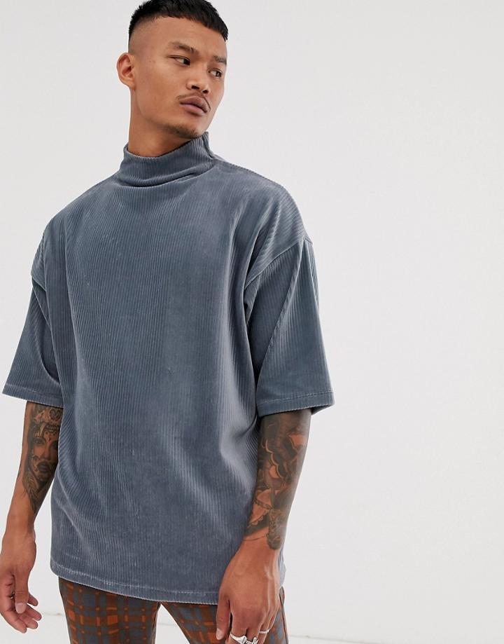 Asos Design Oversized T-shirt With Half Sleeve And Turtleneck In Ribbed Velour In Blue - Blue