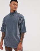 Asos Design Oversized T-shirt With Half Sleeve And Turtleneck In Ribbed Velour In Blue - Blue