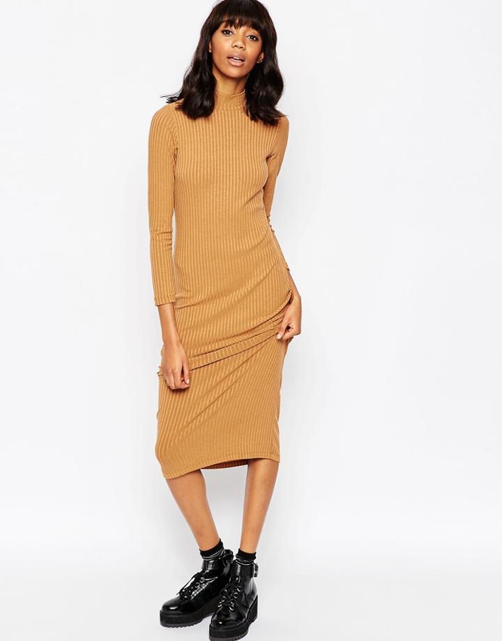 Asos Maxi Dress In Turtleneck Rib - Camel