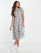 Vila Midi Dress With Short Puff Sleeves In Green And Pink Floral-multi
