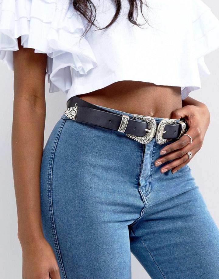 Asos Design Leather Double Buckle Western Waist And Hip Belt - Black