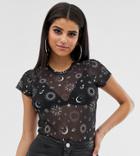 Asos Design Tall Crop Mesh Top With Cap Sleeve In Horoscope Print-black