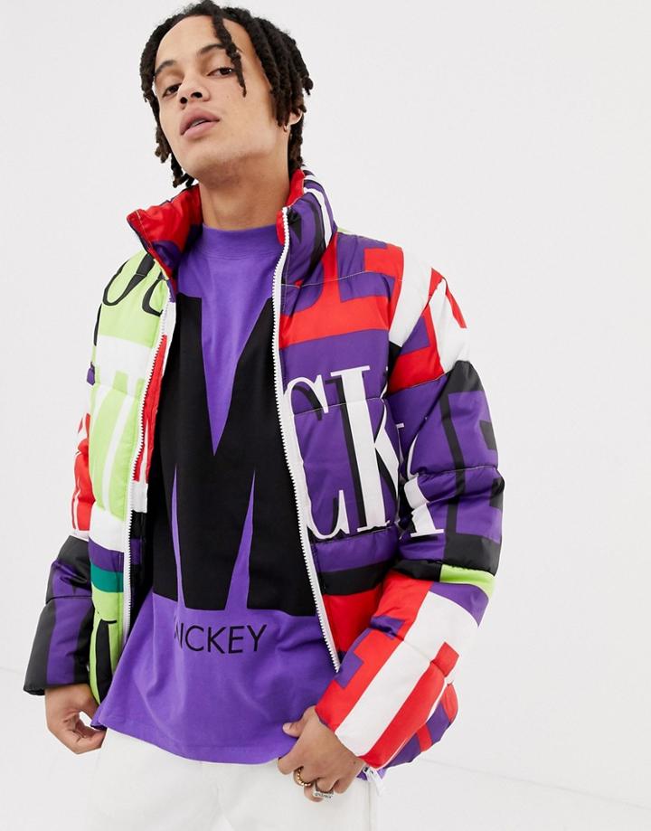 Bershka Mickey Mouse Puffer Jacket In White With All Over Print - White