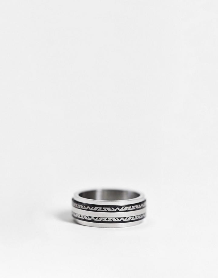 Asos Design Stainless Steel Movement Band Ring With Greek Wave Design In Silver Tone