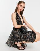 Asos Design Button Through Ruched Midi Dress With Soft Ruffle Detail In Dark Based Floral Print-multi