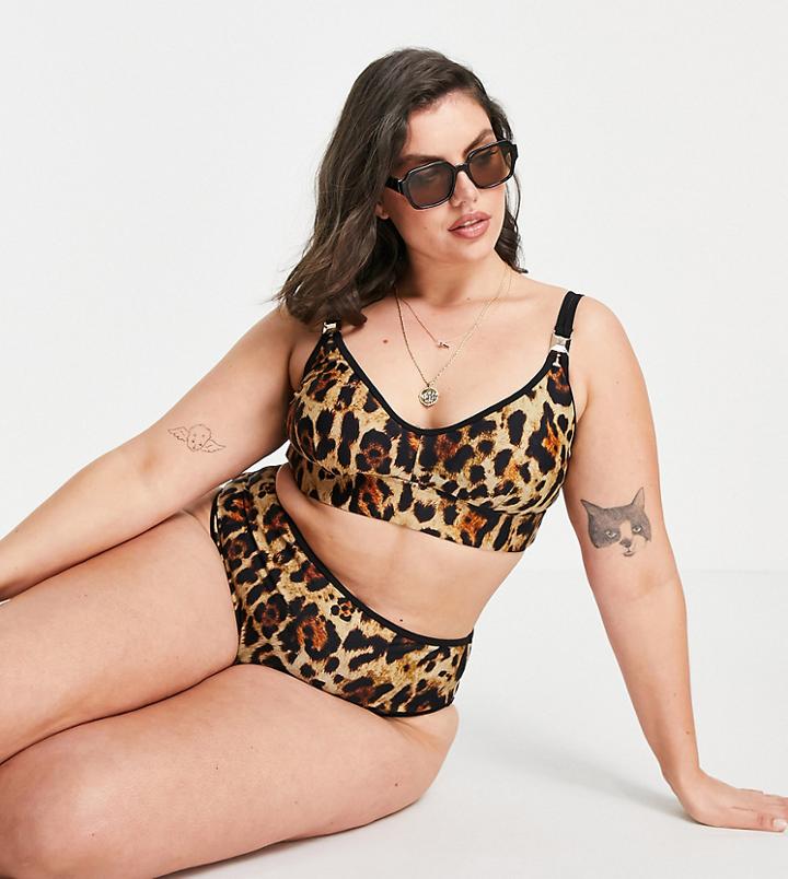 River Island Plus Leopard Print Triangle Bikini Top In Brown