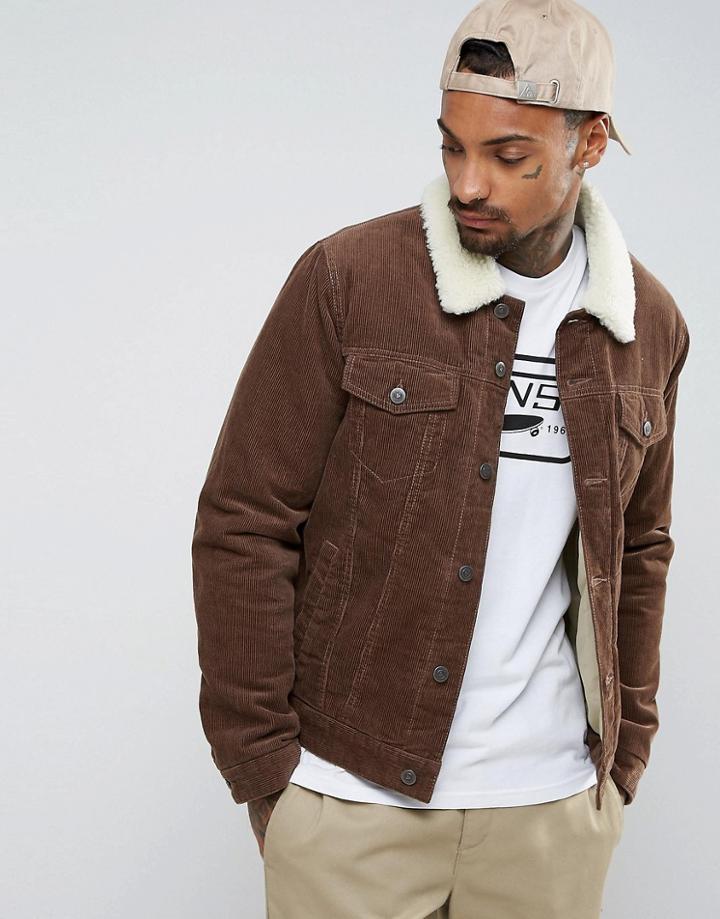 Asos Cord Jacket With Fleece Collar In Brown - Brown