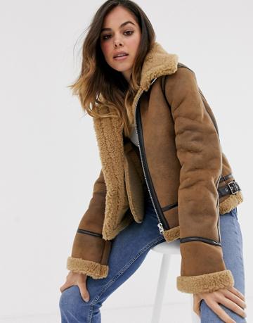 Moon River Faux Shearling Utility Bomber Jacket-brown