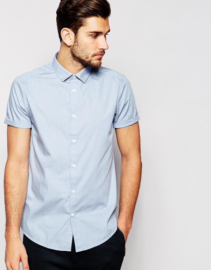 Asos Smart Shirt In Blue Marl With Short Sleeves - Blue Marl
