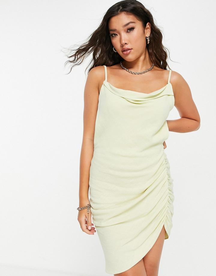 Asos Design Drape Detail Linen Dress In Lime-green