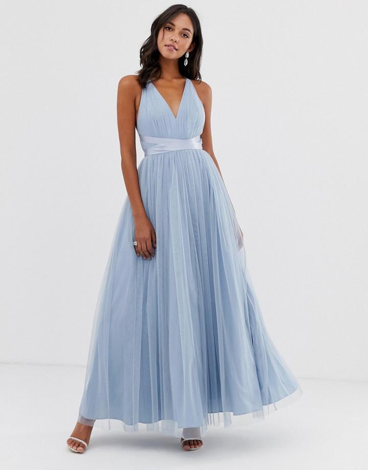 Asos Design Premium Tulle Maxi Prom Dress With Ribbon Ties - Blue