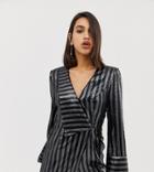 River Island Romper With Cross Front In Metallic Stripe - Silver