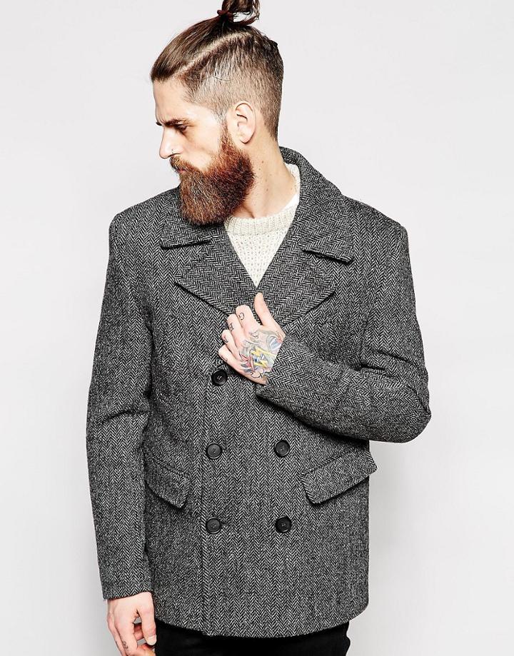 Asos Harris Tweed Peacoat In Herringbone - Gray