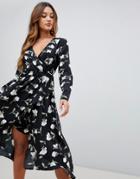 Boohoo Ruffle Wrap Midi Dress In Floral - Multi