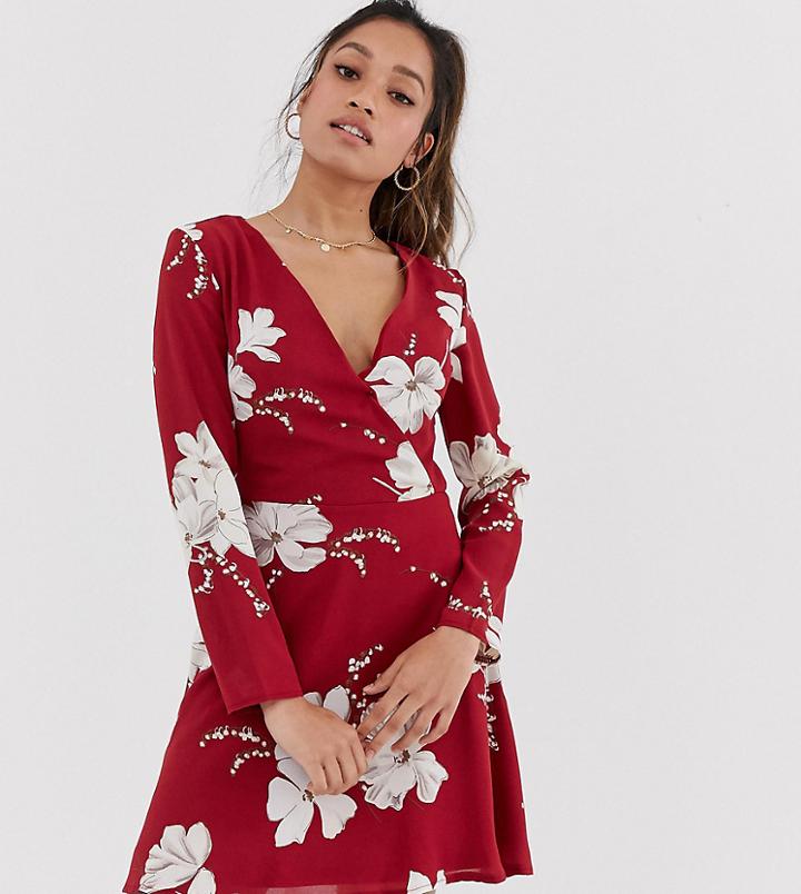 Parisian Petite Floral Wrap Dress-red