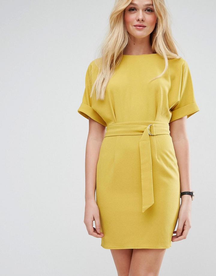 Asos Mini Wiggle Dress With D-ring Belt - Yellow