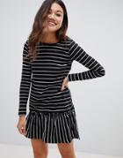 Brave Soul Stripe Long Sleeve Dress With Frill Hem - Black