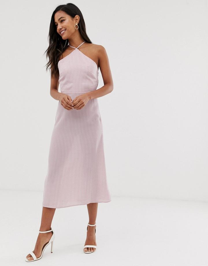 Fashion Union Midi Dress With High Halter Neck In Gingham - Pink