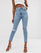 Asos Design Farleigh High Waisted Slim Mom Jeans In Light Vintage Wash With Slashed Rips & Raw Hem Detail - Blue