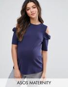 Asos Maternity Top With Ruffle Cold Shoulder In Ponte - Navy