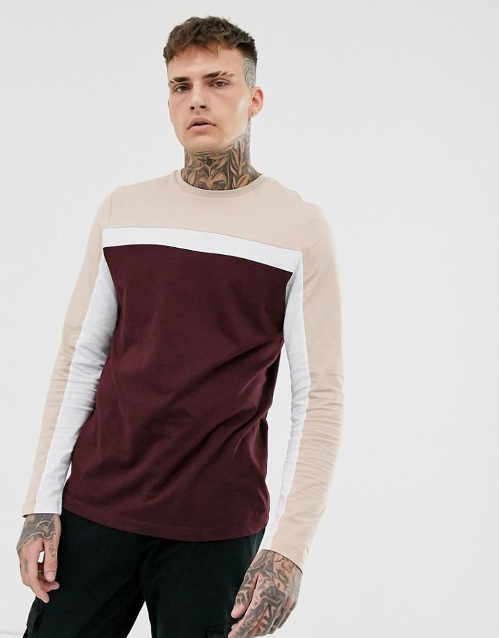 Asos Design Long Sleeve T-shirt With Color Block Panels In Burgundy - Red