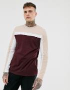 Asos Design Long Sleeve T-shirt With Color Block Panels In Burgundy - Red