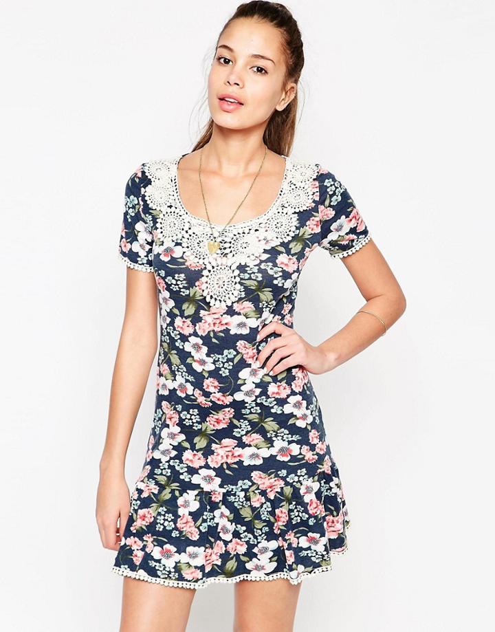 Jasmine Floral Dress With Crochet Trim - Blue