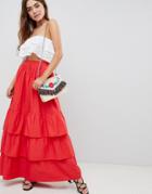 Asos Design Tiered Cotton Maxi Skirt - Red