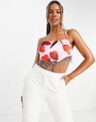 Asos Design Scarf Top With Embellished Fringe Hem In Pink Floral-multi