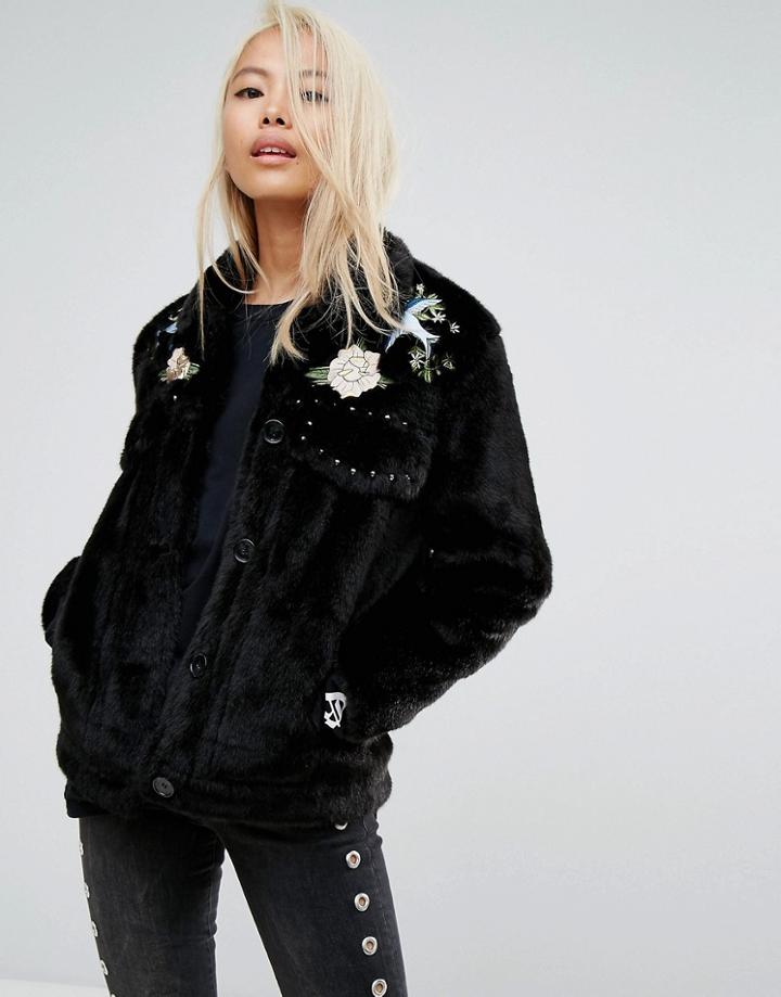 Jakke Cropped Faux Fur Jacket With Western Embroidery & Studding Details - Black