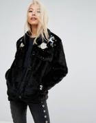 Jakke Cropped Faux Fur Jacket With Western Embroidery & Studding Details - Black