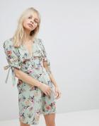Influence Button Front Floral Tea Dress With Tie Sleeves - Green