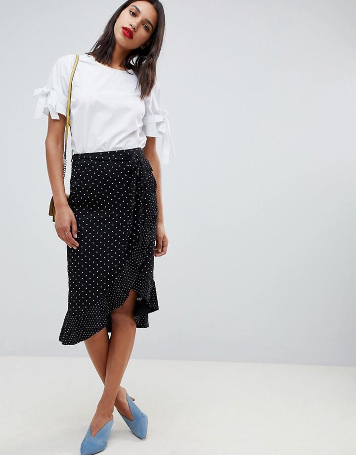 Oasis Wrap Midi Skirt With Frill Detail In Polka Dot - Multi