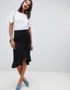 Oasis Wrap Midi Skirt With Frill Detail In Polka Dot - Multi