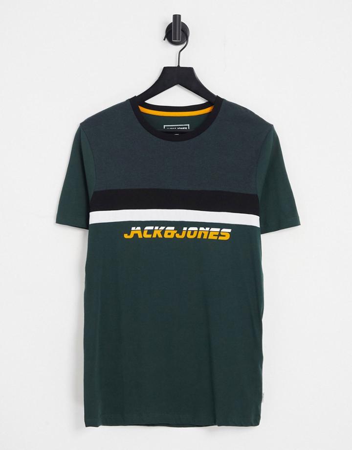 Jack & Jones Color Block T-shirt In Dark Green