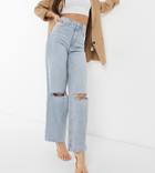 Asos Design Tall Organic Cotton Blend High Rise 'relaxed' Dad Jeans In Light Wash With Rips-blues