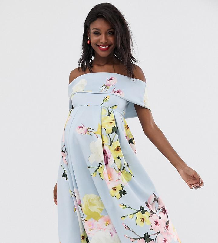 True Violet Maternity Exclusive Bardot Prom Midi Dress In Floral Print-multi