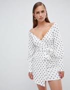 Prettylittlething Polka Dot Bardot Wrap Dress - White