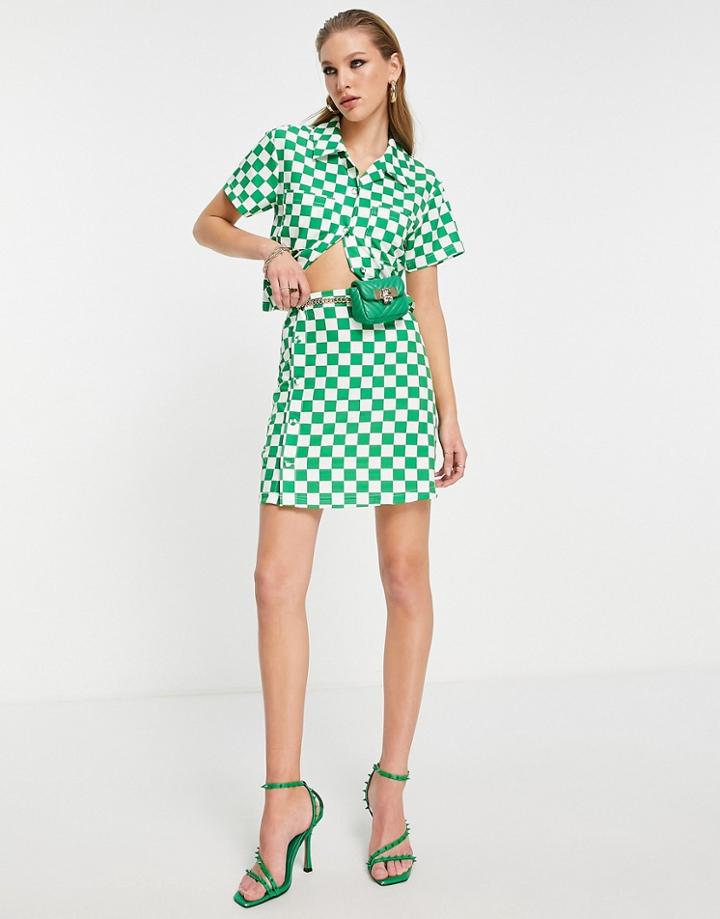 Extro & Vert Button Up Mini Skirt In Bold Green Checkerboard