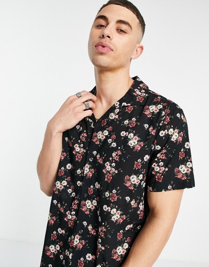Abercrombie & Fitch Resort Revere Collar Short Sleeve Floral Print Shirt In Black