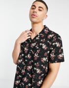 Abercrombie & Fitch Resort Revere Collar Short Sleeve Floral Print Shirt In Black