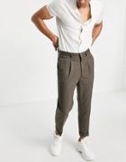 Asos Design Tapered Turnup Smart Pants In Khaki Twill-green