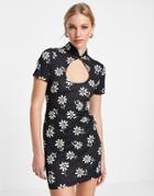 Asos Design Keyhole Mini Dress In Black And Cream Daisy Print-multi