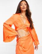 Asos Design Wrap Front Satin Top With Button Detail - Part Of A Set-orange