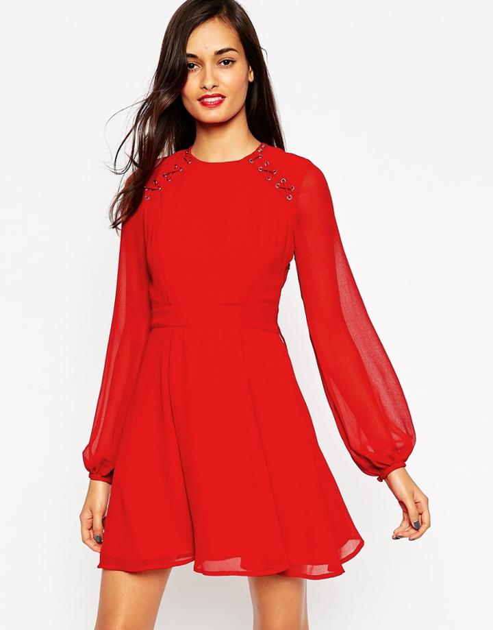 Asos Skater Dress With Metalwork And Lace Detail - Red