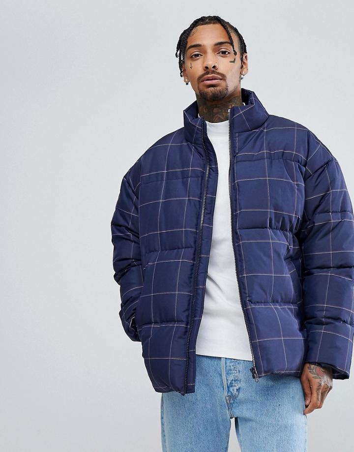 Asos Oversized Checked Puffer Jacket In Navy - Navy