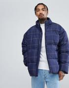 Asos Oversized Checked Puffer Jacket In Navy - Navy