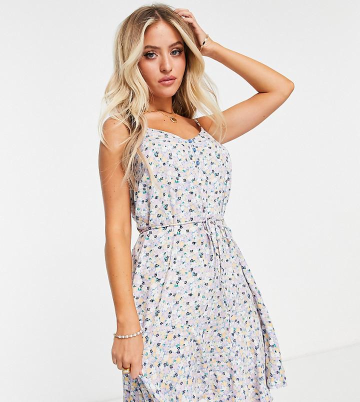 Pieces Petite Tie Waist Mini Tea Dress In Blue Ditsy-multi
