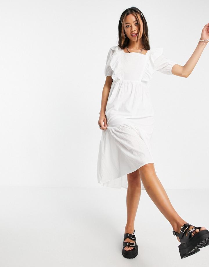 Violet Romance Midi Dress With Ruffle Bib In White